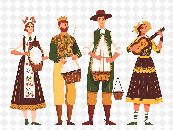 PSD grupo de pessoas em trajes tradicionais húngaros para o busjrs f flat illustration festival of the world