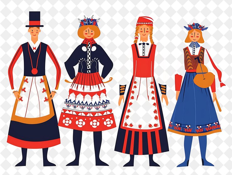 PSD grupo de pessoas em trajes tradicionais noruegueses para o syttende flat illustration festival of the world