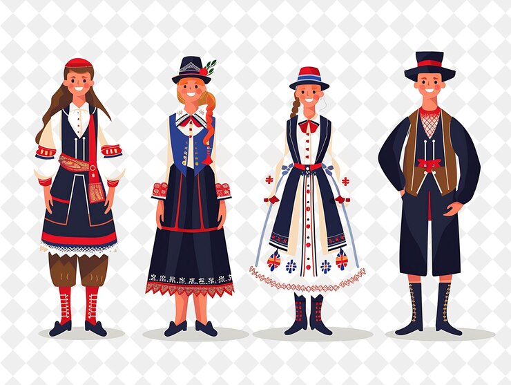 PSD grupo de pessoas em trajes tradicionais noruegueses para o syttende flat illustration festival of the world