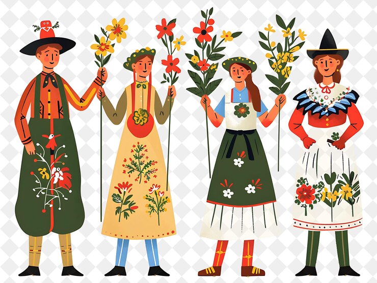 PSD grupo de pessoas em trajes tradicionais suecos para o midsummer flat illustration festival of the world