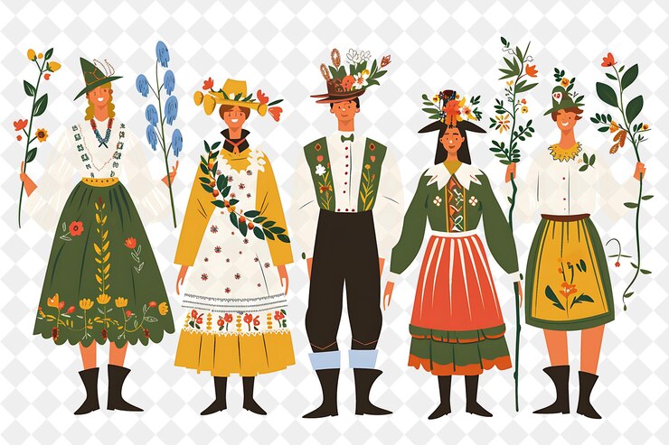 PSD grupo de pessoas em trajes tradicionais suecos para o midsummer flat illustration festival of the world