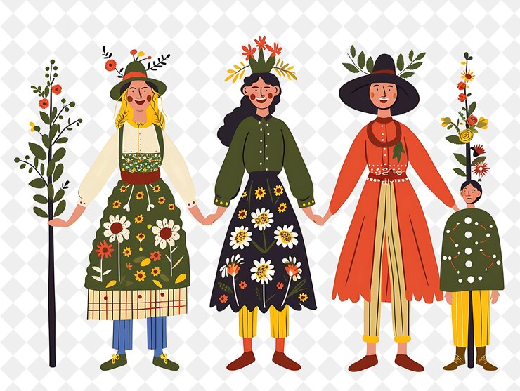 PSD grupo de pessoas em trajes tradicionais suecos para o midsummer flat illustration festival of the world