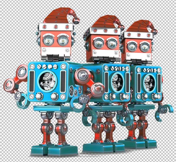 PSD grupo de robôs do papai noel. conceito de tecnologia de natal