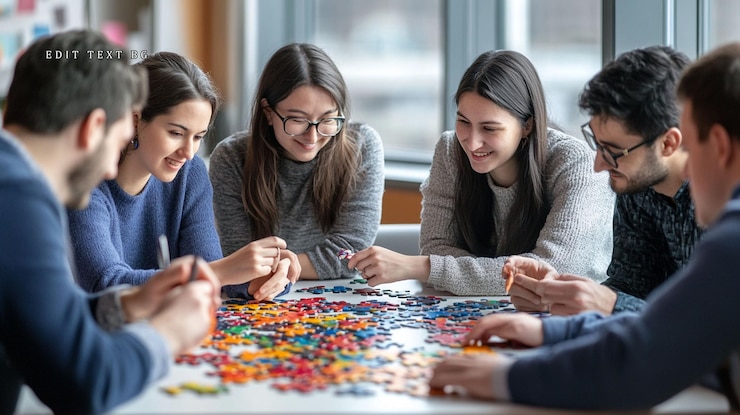 PSD un grupo diverso de adultos jóvenes colaboran en un gran rompecabezas colorido