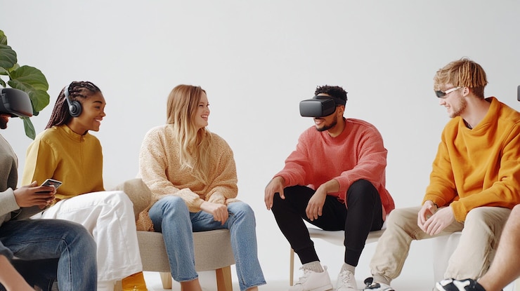 PSD un grupo diverso de adultos jóvenes usando auriculares de realidad virtual interactuando y sonriendo en un círculo