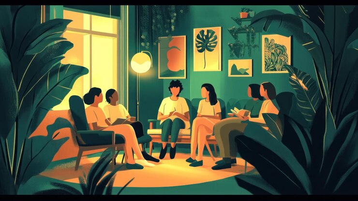 PSD un grupo diverso de amigos se reúnen en una acogedora sala de estar llena de plantas para una charla nocturna