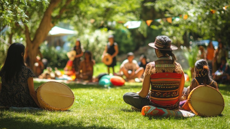 PSD un grupo diverso disfrutando de música al aire libre y espectáculos culturales en un exuberante parque verde