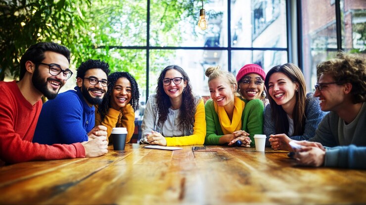 PSD un grupo diverso de jóvenes adultos felices sonriendo y riendo juntos en una mesa de café