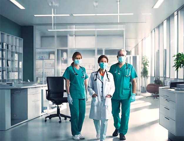 Un grupo diverso de médicos masculinos y femeninos con máscaras faciales caminando mirando una tableta