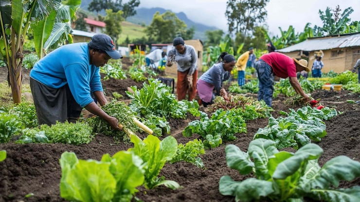 PSD un grupo diverso de personas que trabajan en un jardín de verduras vibrante cuidando varias verduras de hojas verdes y raíces