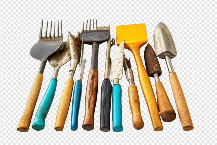 PSD grupo esencial de herramientas de jardín con palas, rastrillos y podadoras para todas sus necesidades de jardinería con aislamiento en fondo transparente