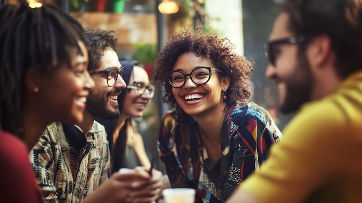 PSD un grupo feliz y diverso de amigos riendo y hablando juntos en un café al aire libre