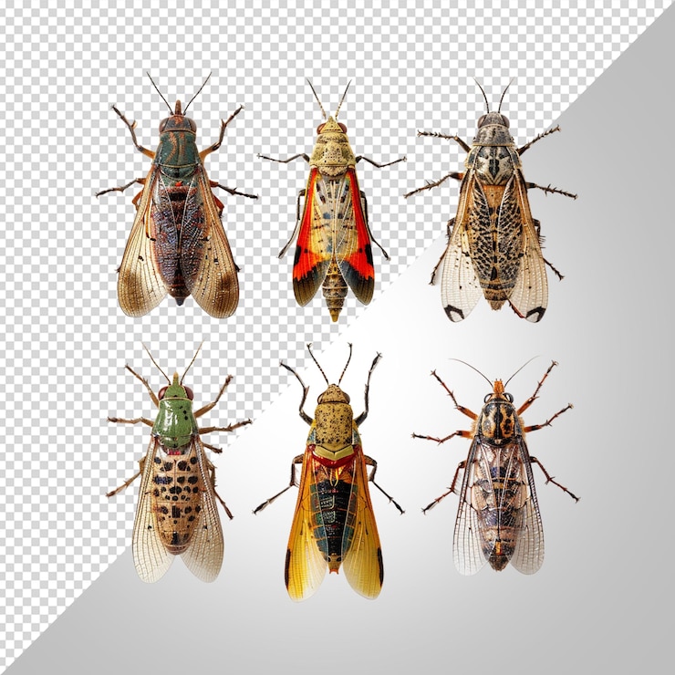PSD un grupo de insectos que están en un fondo blanco