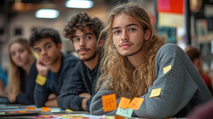 PSD un grupo de jóvenes dos hombres y una mujer están sentados en una mesa con coloridas notas adhesivas todos están mirando a la cámara y parecen estar involucrados en una discusión