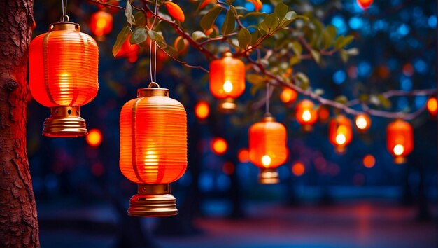 Un grupo de linternas naranjas colgando de un árbol una foto de huang ding