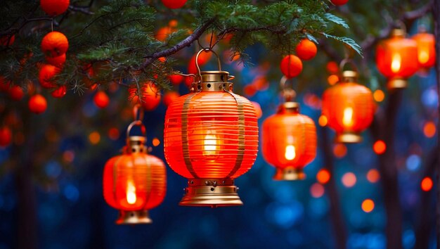 Un grupo de linternas naranjas colgando de un árbol una foto de huang ding