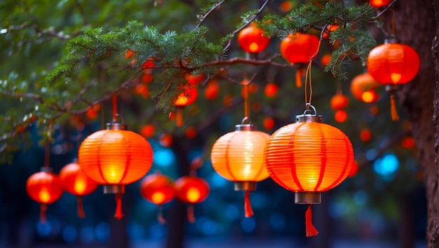 Un grupo de linternas naranjas colgando de un árbol una foto de huang ding