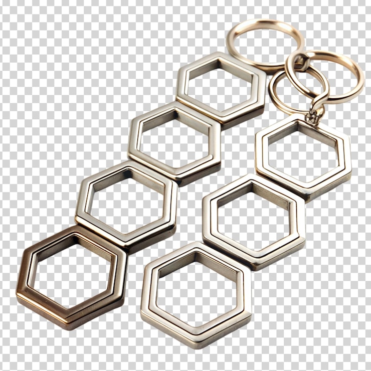 PSD un grupo de llaveros con formas hexagonales en un fondo transparente