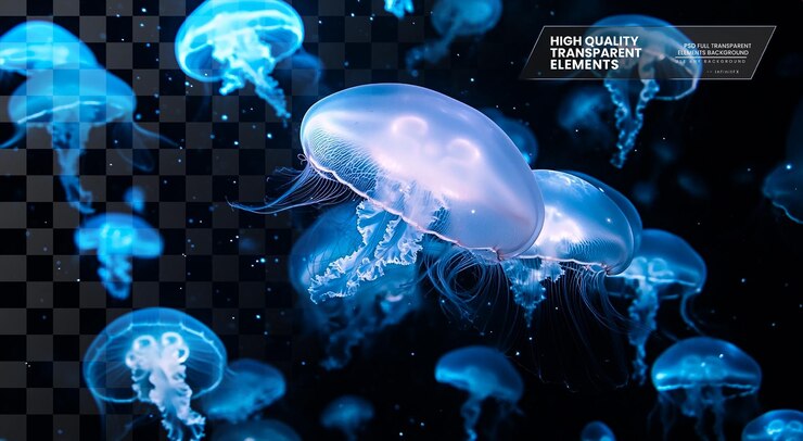 PSD un grupo de medusas bioluminescentes flotando sobre un fondo transparente 1006