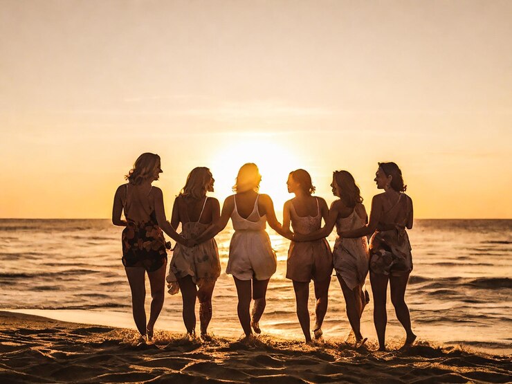 PSD un grupo de mujeres de pie en la playa y celebrando el feliz día de la amistad