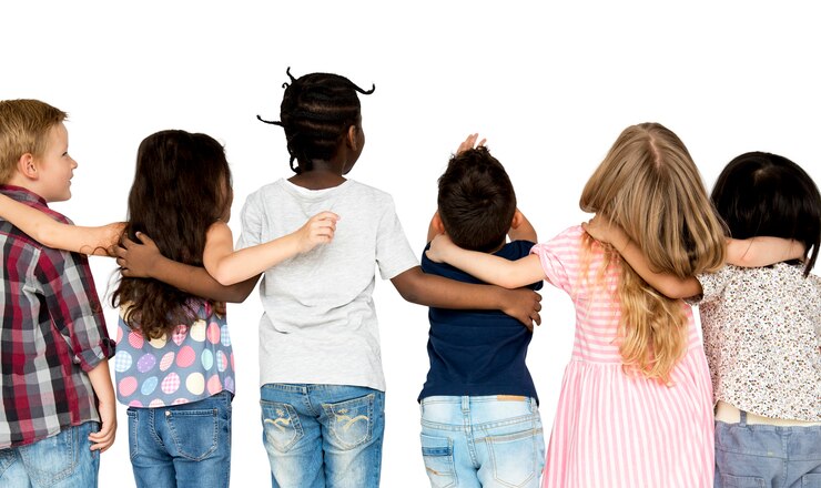 PSD grupo de niños se juntan en la vista trasera