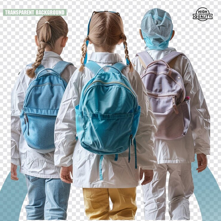 PSD un grupo de niños que van a un laboratorio médico aislados en un fondo transparente