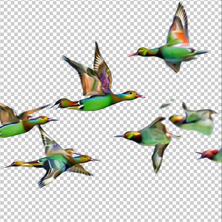 PSD un grupo de pájaros coloridos están volando en formación con uno siendo volado por otro
