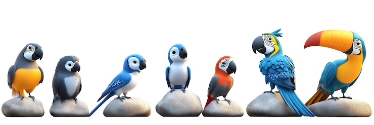Grupo de pájaros de dibujos animados en las rocas Blue jay tucano loro guacamayo animación 3D para niños diversión