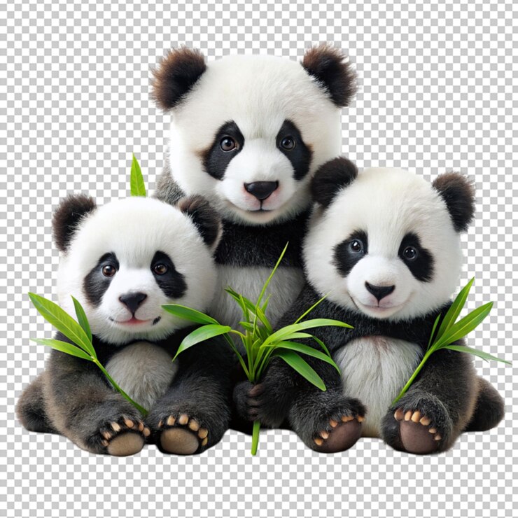 PSD grupo de pandas de dibujos animados felices jugando en un bosque de bambú