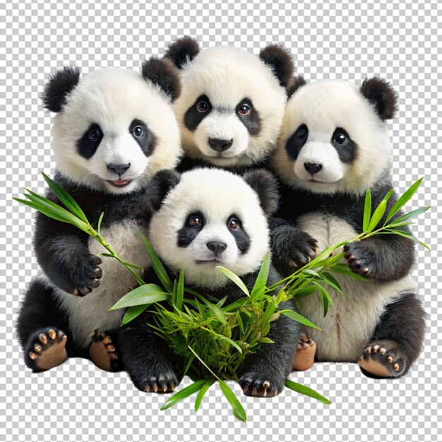 Grupo de pandas de dibujos animados felices jugando en un bosque de bambú