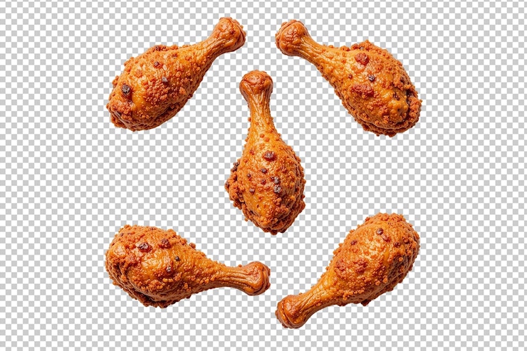 Un grupo de patas de pollo fritas en un fondo transparente