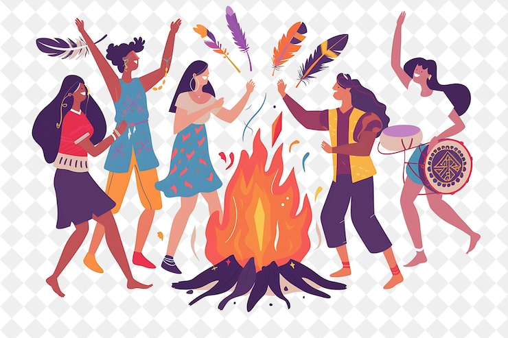 PSD un grupo de personas bailando alrededor de un fuego con una imagen de un hombre bailando