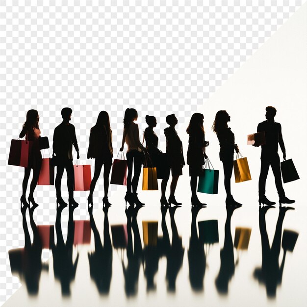 un grupo de personas con bolsas de compras y una con una sosteniendo una bolsa de compras