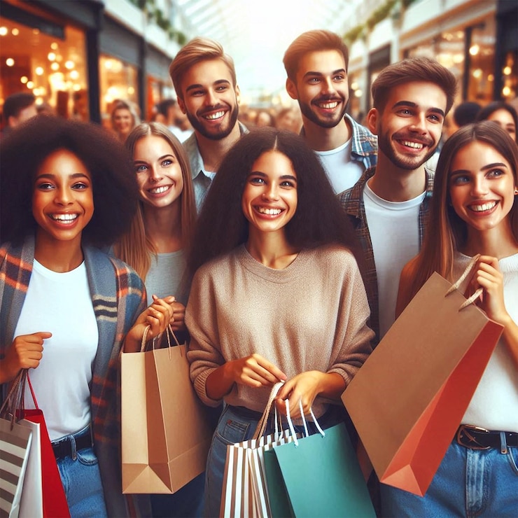 PSD un grupo de personas con bolsas de compras y una tiene una camisa blanca que dice la palabra en ella