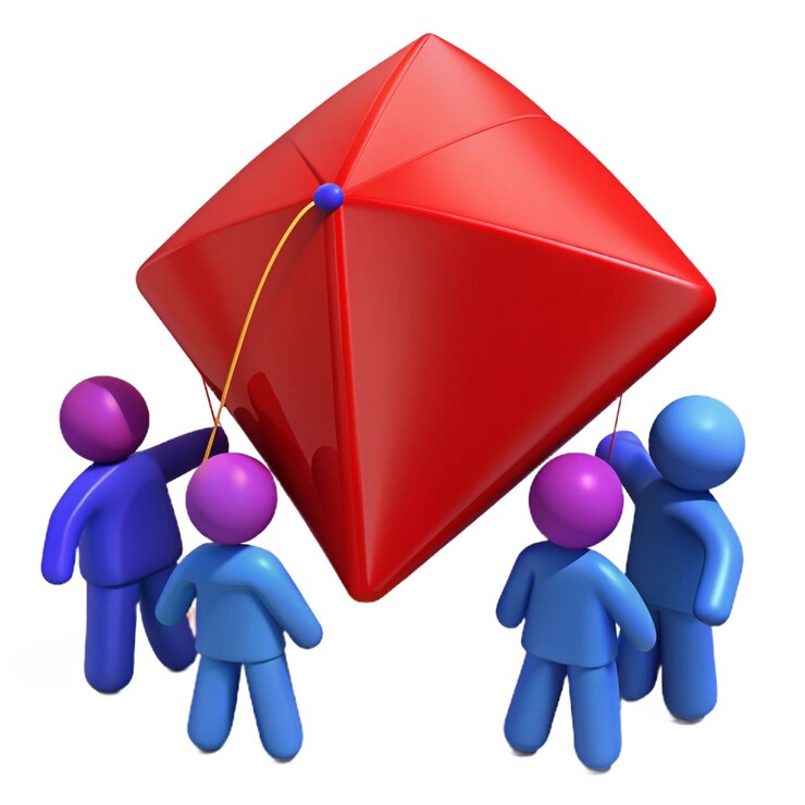 PSD un grupo de personas con un objeto en forma de triángulo rojo con uno azul en la parte superior