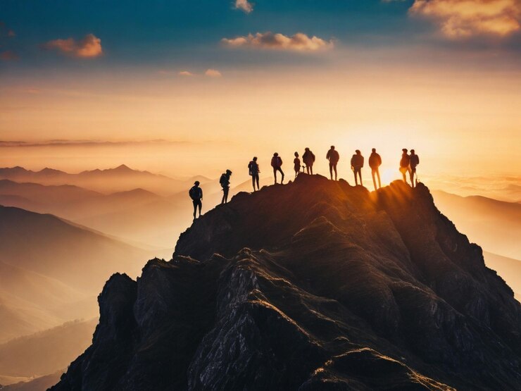 PSD un grupo de personas de pie en la cima de una montaña con el sol poniéndose detrás de ellos