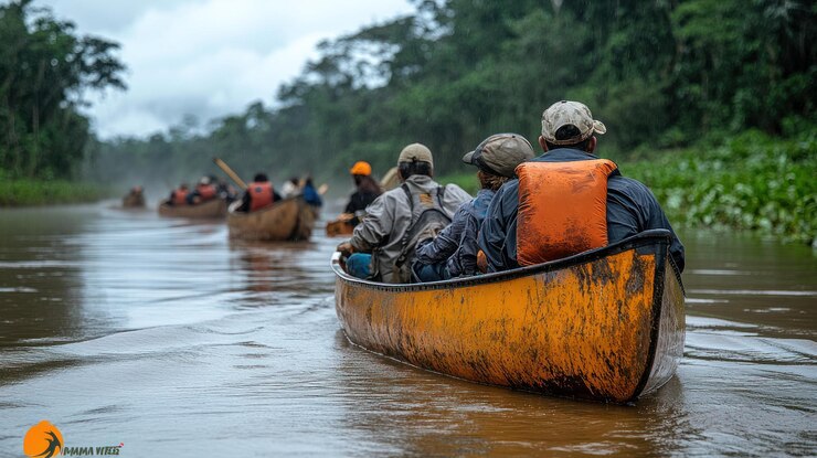 PSD un grupo de personas remando por un río en canoas rodeadas de exuberante vegetación