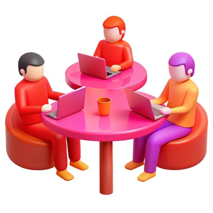PSD un grupo de personas sentadas alrededor de una mesa redonda con computadoras portátiles y una taza de café
