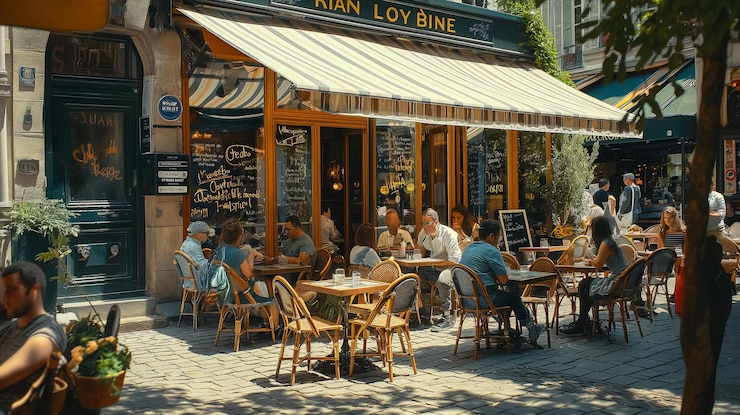 PSD un grupo de personas se sientan fuera de un restaurante en europa en una cafetería de la ciudad de parís