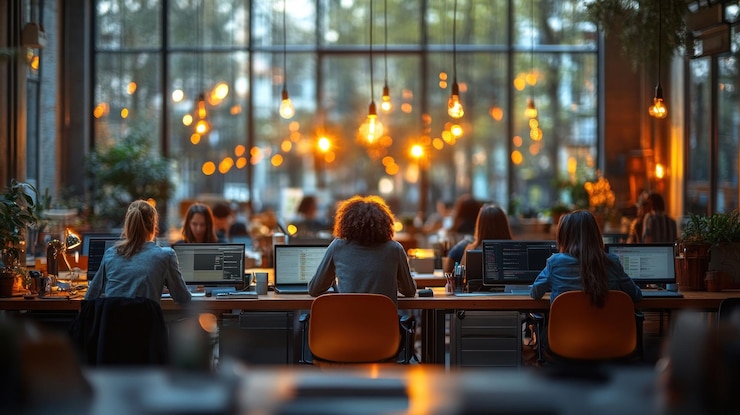 PSD un grupo de personas trabaja en un largo escritorio en un entorno de oficina moderno las ventanas están detrás de ellos y hay muchas luces colgando del techo