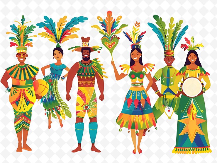 PSD grupo de personas con trajes tradicionales brasileños para el carnaval ilustración plana carácter cultural
