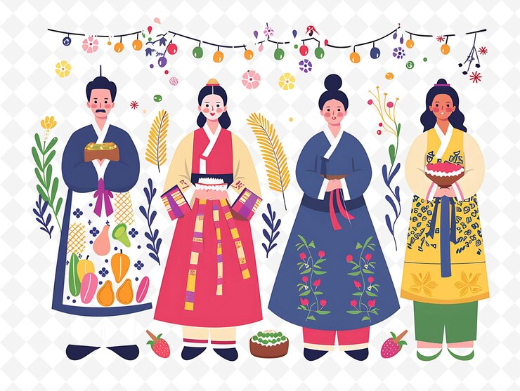 PSD grupo de personas con trajes tradicionales coreanos para chuseok fes ilustración plana carácter de la cultura