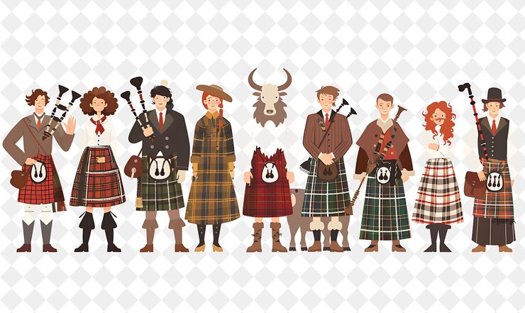 PSD grupo de personas con trajes tradicionales escoceses para el highland flat illustration festival of the world