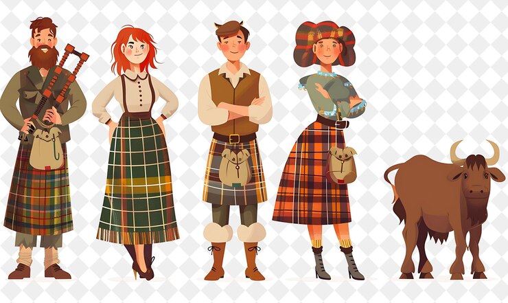 PSD grupo de personas con trajes tradicionales escoceses para el highland flat illustration festival of the world
