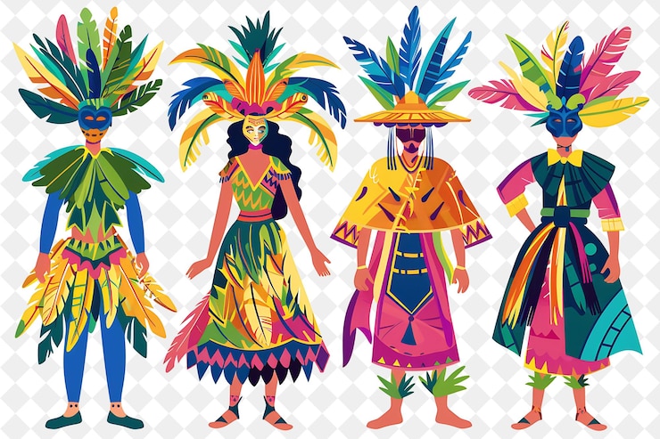 PSD grupo de personas con trajes tradicionales filipinos para el festival de ilustración plana masskara del mundo
