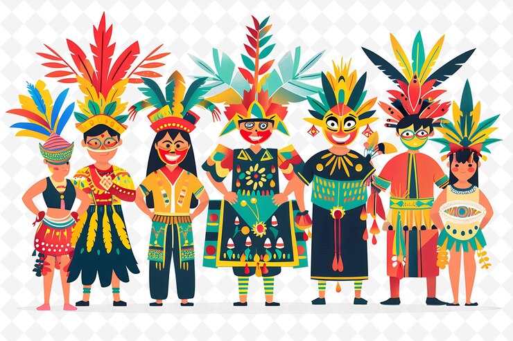 PSD grupo de personas con trajes tradicionales filipinos para masskara ilustración plana carácter de la cultura