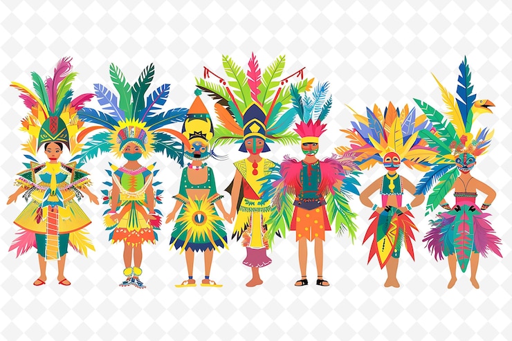 PSD grupo de personas con trajes tradicionales filipinos para masskara ilustración plana carácter de la cultura