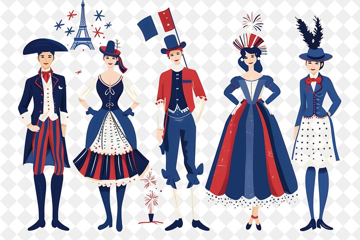 PSD grupo de personas con trajes tradicionales franceses para el festival de ilustración bastille da flat del mundo