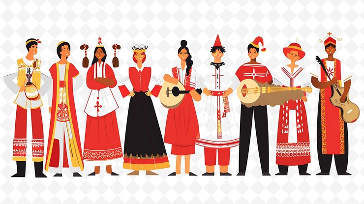 PSD grupo de personas con trajes tradicionales griegos para la pascua griega ilustración plana cultura caracter