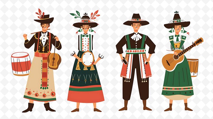 PSD grupo de personas con trajes tradicionales húngaros para busjrs f ilustración plana carácter de la cultura